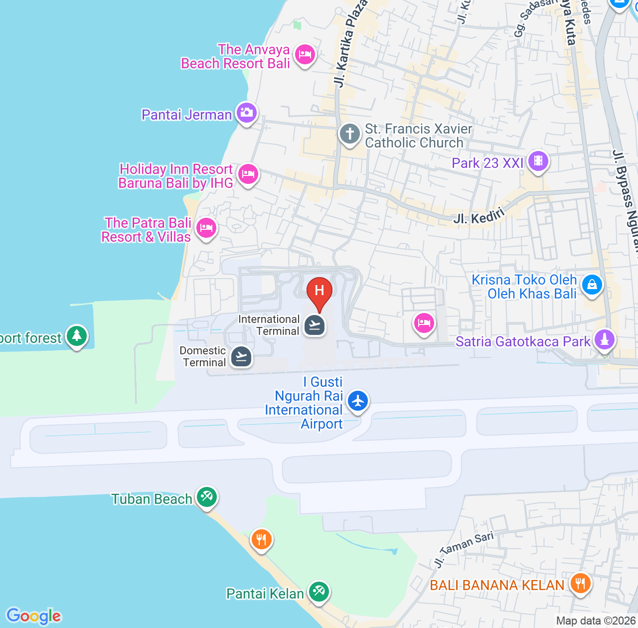 巴厘岛通行数码机场酒店评价汇总 - 巴厘岛优越地理位置酒店推荐 map
