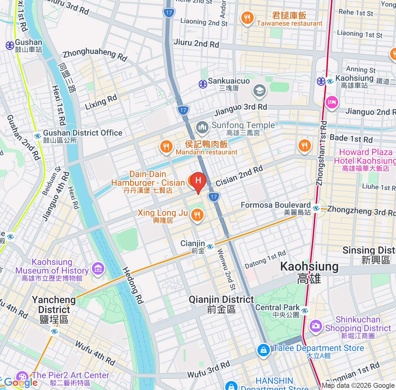 รวมรีวิว Royal Fine Hotel - ที่พักเที่ยวไต้หวัน เดินทางสะดวก ชมวิวกลางคืนแม่น้ำอ้ายเหอ เกาสง map